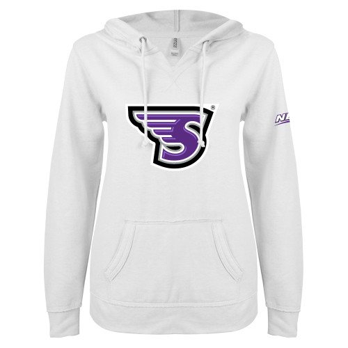 ENZA Womens White V Notch Raw Edge Fleece Hoodie-NEC Stonehill S