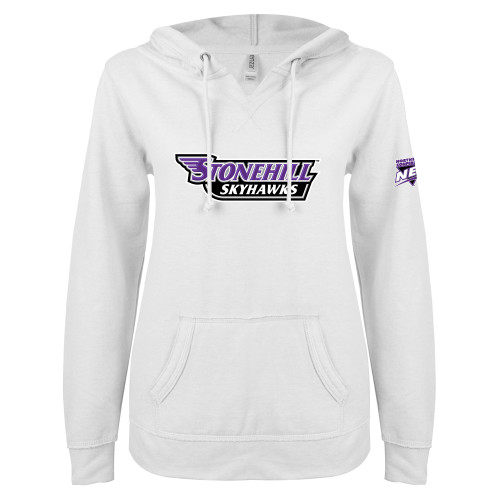 ENZA Womens White V Notch Raw Edge Fleece Hoodie-NEC Stonehill Skyhawks Wordmark