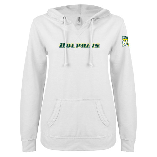 ENZA Womens White V Notch Raw Edge Fleece Hoodie-NEC Le Moyne Dolphins Flat Wordmark