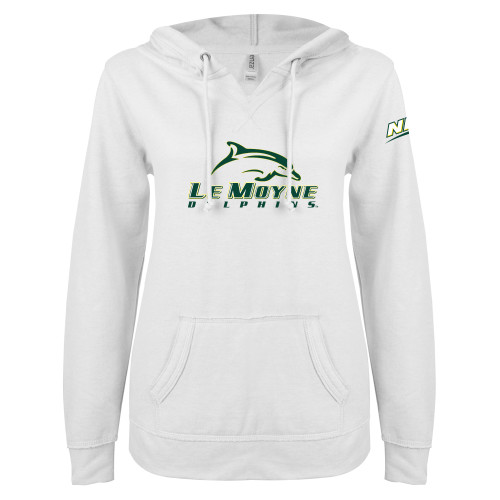 ENZA Womens White V Notch Raw Edge Fleece Hoodie-NEC Le Moyne Dolphins Primary Mark