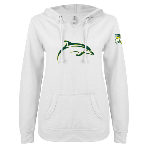 ENZA Womens White V Notch Raw Edge Fleece Hoodie-NEC Le Moyne Dolphins Mascot Icon