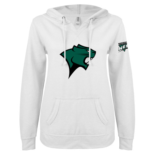 ENZA Womens White V Notch Raw Edge Fleece Hoodie-Chicago State University Cougar Head