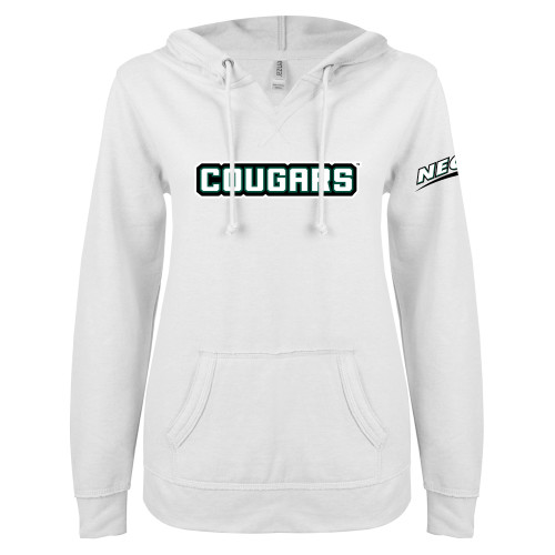 ENZA Womens White V Notch Raw Edge Fleece Hoodie-Cougars Wordmark