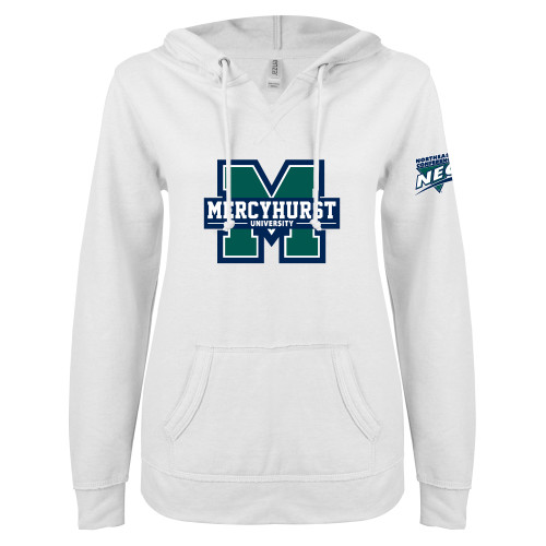 ENZA Womens White V Notch Raw Edge Fleece Hoodie-Mercyhurst University Logo
