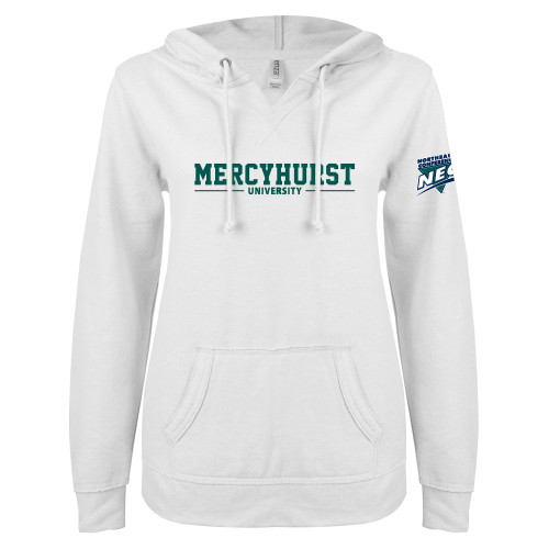 ENZA Womens White V Notch Raw Edge Fleece Hoodie-Mercyhurst University Wordmark