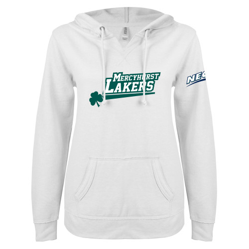 ENZA Womens White V Notch Raw Edge Fleece Hoodie-Mercyhurst Lakers Wordmark