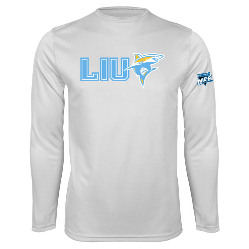 White Performance Long Sleeve Shirt-Northeast Conference Long Island University LIU with Mascot Flat
