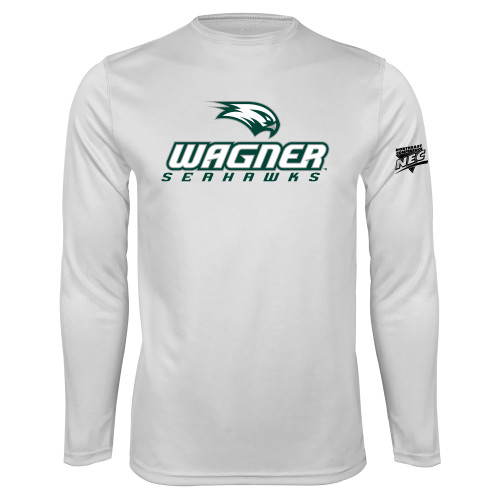 White Performance Long Sleeve Shirt-Northeast Conference Wagner College Wagner Seahawks Stacked Mark