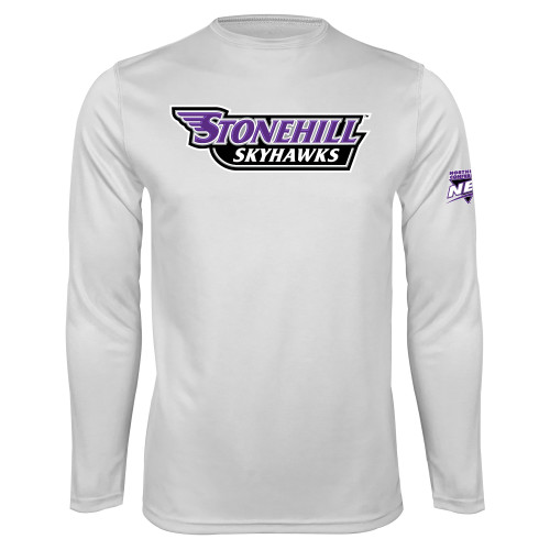 White Performance Long Sleeve Shirt-NEC Stonehill Skyhawks Wordmark