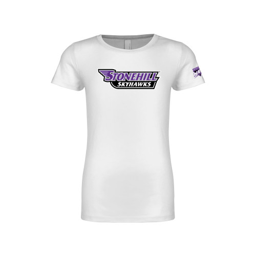 Next Level Girls White Fashion Fit T Shirt-NEC Stonehill Skyhawks Wordmark