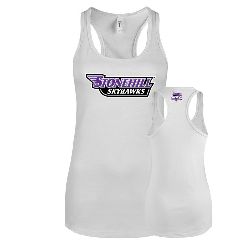 Next Level Racerback Tank White-NEC Stonehill Skyhawks Wordmark