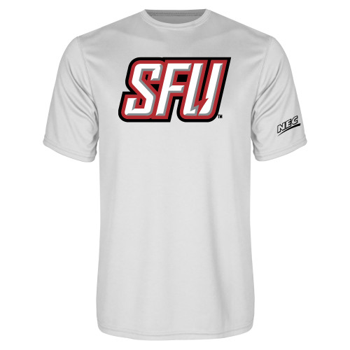 White Performance Tee-Northeast Conference Saint Francis University Primary Mark