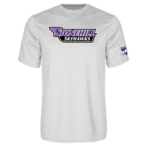 White Performance Tee-NEC Stonehill Skyhawks Wordmark