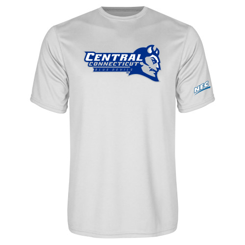 White Performance Tee-Northeast Conference Central Connecticut Primary Mark