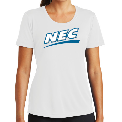 Womens White Performance Tee-Northeast Conference NEC Flat Mark