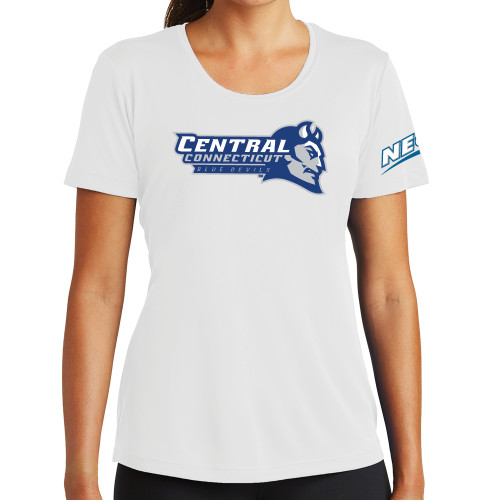 Womens White Performance Tee-Northeast Conference Central Connecticut Primary Mark