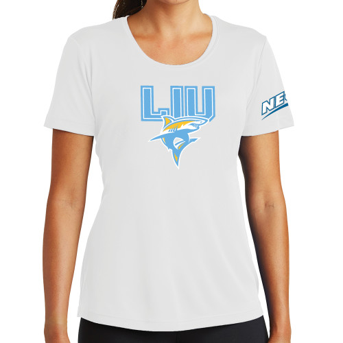 Womens White Performance Tee-Northeast Conference Long Island University Primary Mark