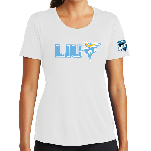 Womens White Performance Tee-Northeast Conference Long Island University LIU with Mascot Flat
