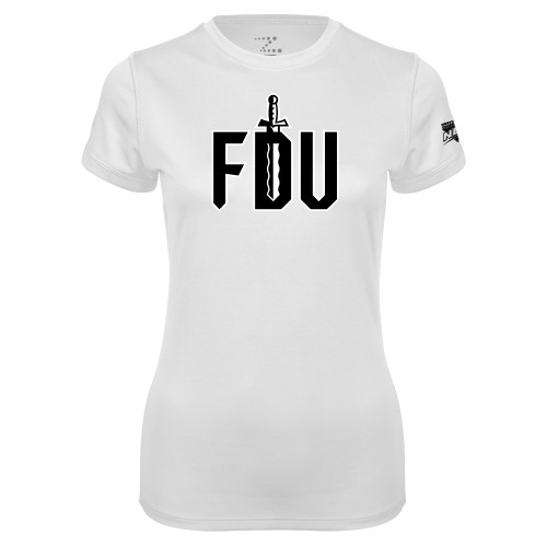 Womens White Performance Tee-NEC FDU with Sword