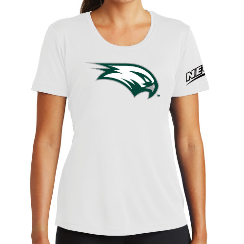 Womens White Performance Tee-Northeast Conference Wagner College Mascot Mark