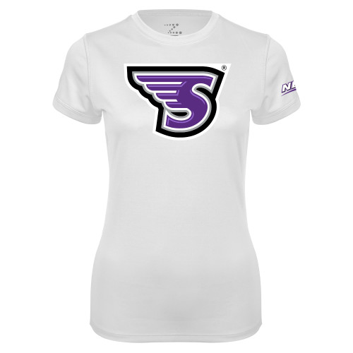 Womens White Performance Tee-NEC Stonehill S