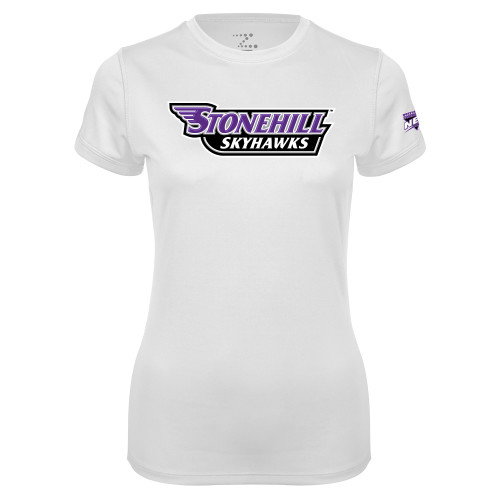 Womens White Performance Tee-NEC Stonehill Skyhawks Wordmark