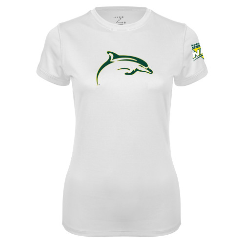 Womens White Performance Tee-NEC Le Moyne Dolphins Mascot Icon
