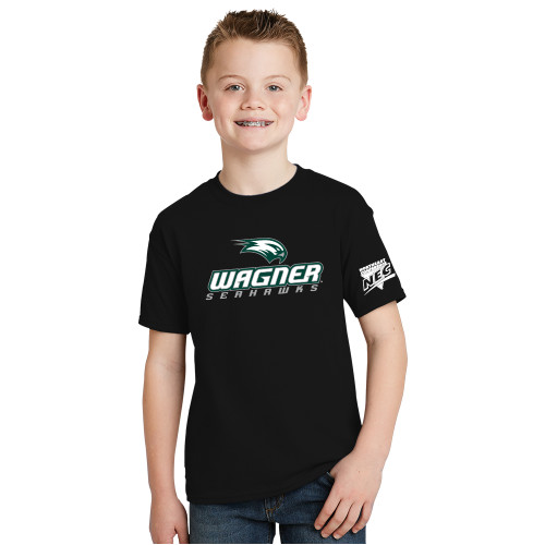 Youth Black T Shirt-Northeast Conference Wagner College Wagner Seahawks Stacked Mark