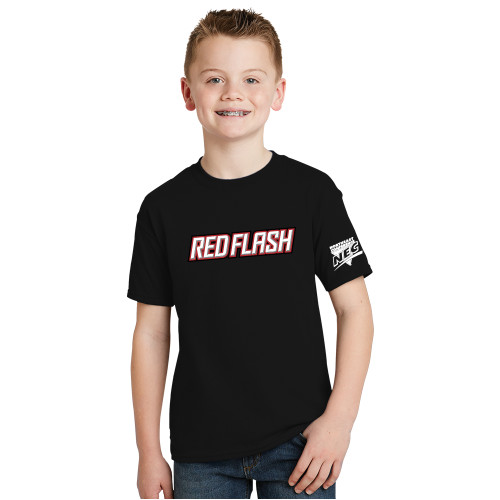 Youth Black T Shirt-Northeast Conference Saint Francis University Red Flash Wordmark