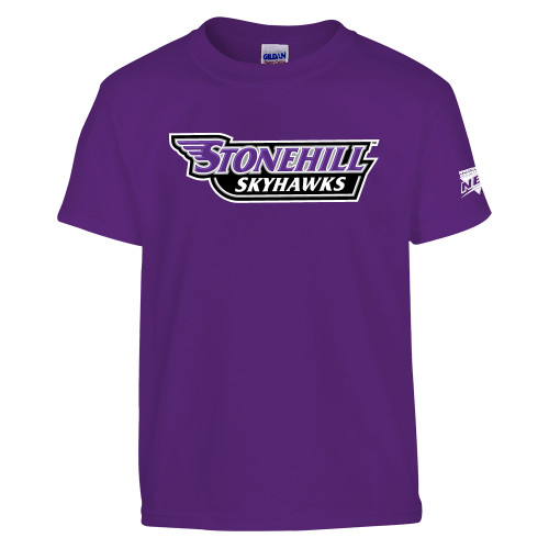 Youth Purple T Shirt-NEC Stonehill Skyhawks Wordmark