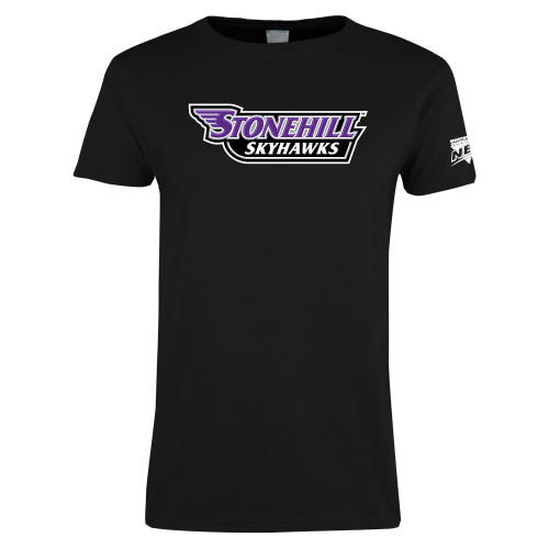Womens Black Short Sleeve Tee-NEC Stonehill Skyhawks Wordmark