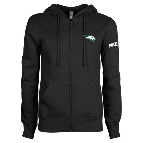 ENZA Womens Black Fleece Full Zip Hoodie-Northeast Conference Wagner College Mascot Mark