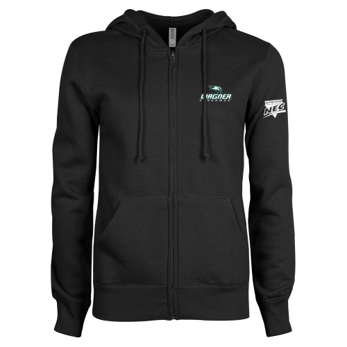 ENZA Womens Black Fleece Full Zip Hoodie-Northeast Conference Wagner College Wagner Seahawks Stacked Mark