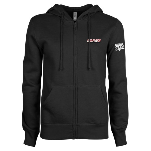 ENZA Womens Black Fleece Full Zip Hoodie-Northeast Conference Saint Francis University Red Flash Wordmark