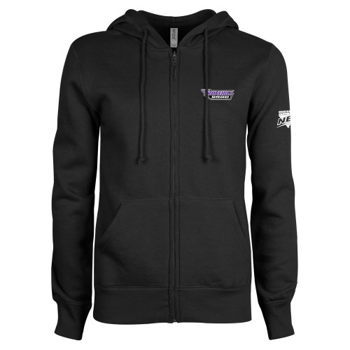ENZA Womens Black Fleece Full Zip Hoodie-NEC Stonehill Skyhawks Wordmark