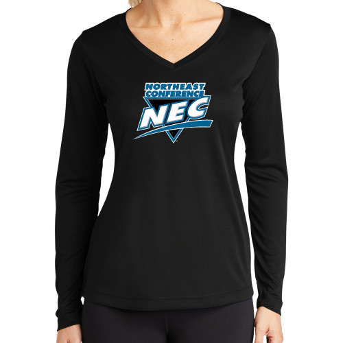 Womens Black Performance Long Sleeve V Neck Shirt-Northeast Conference NEC Full Mark