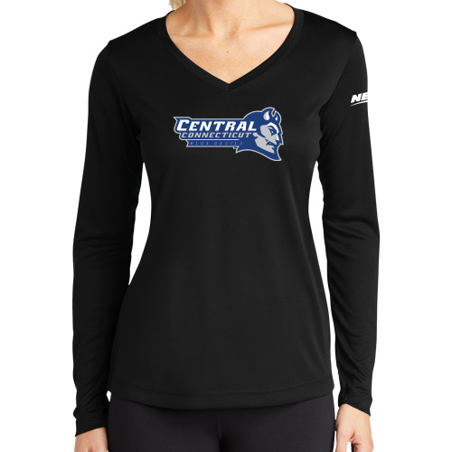 Womens Black Performance Long Sleeve V Neck Shirt-Northeast Conference Central Connecticut Primary Mark