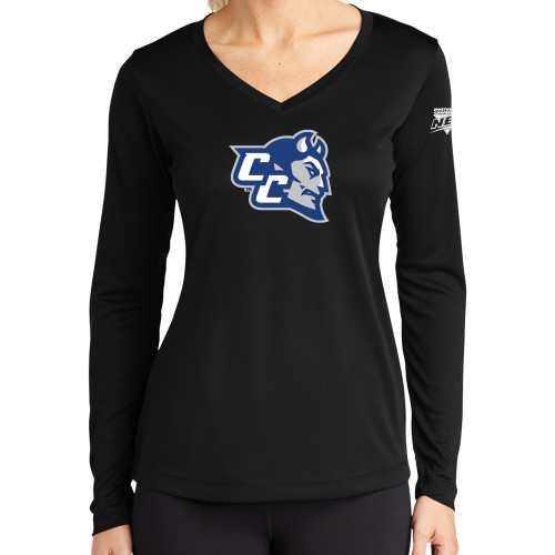 Womens Black Performance Long Sleeve V Neck Shirt-Northeast Conference Central Connecticut CC Mascot Mark