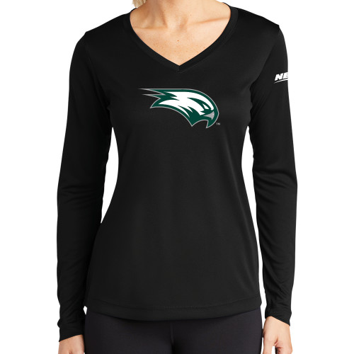 Womens Black Performance Long Sleeve V Neck Shirt-Northeast Conference Wagner College Mascot Mark