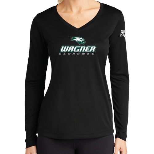 Womens Black Performance Long Sleeve V Neck Shirt-Northeast Conference Wagner College Wagner Seahawks Stacked Mark