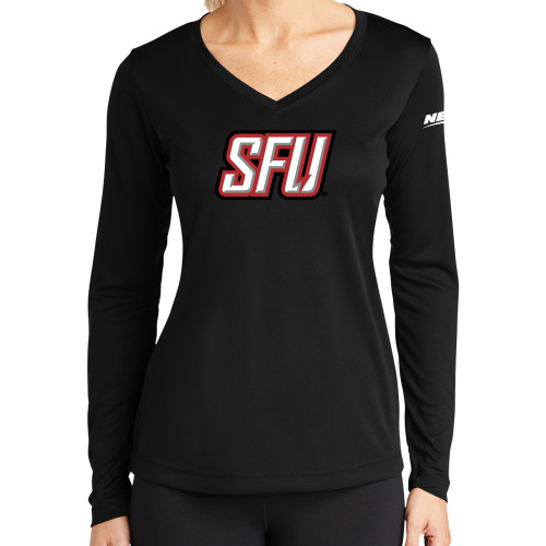 Womens Black Performance Long Sleeve V Neck Shirt-Northeast Conference Saint Francis University Primary Mark