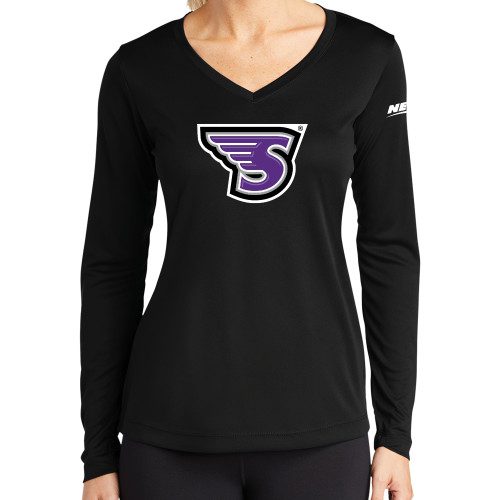 Womens Black Performance Long Sleeve V Neck Shirt-NEC Stonehill S