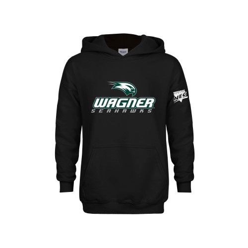 Youth Black Fleece Hoodie-Northeast Conference Wagner College Wagner Seahawks Stacked Mark
