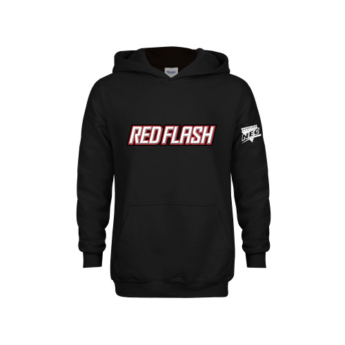 Youth Black Fleece Hoodie-Northeast Conference Saint Francis University Red Flash Wordmark