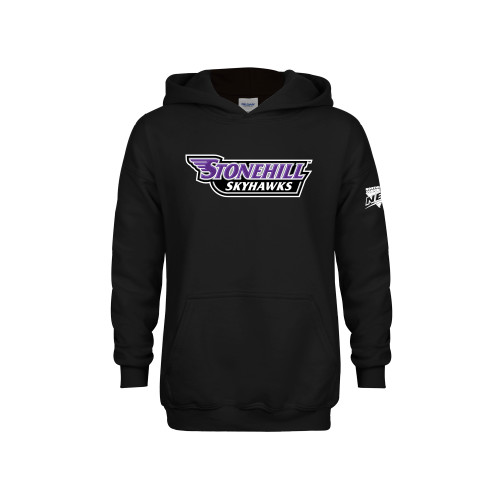 Youth Black Fleece Hoodie-NEC Stonehill Skyhawks Wordmark