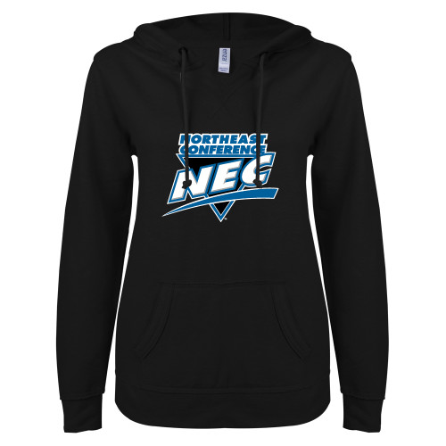 ENZA Womens Black V Notch Raw Edge Fleece Hoodie-Northeast Conference NEC Full Mark