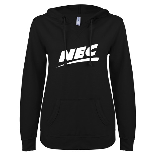 ENZA Womens Black V Notch Raw Edge Fleece Hoodie-Northeast Conference NEC Flat Mark