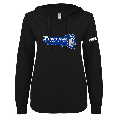 ENZA Womens Black V Notch Raw Edge Fleece Hoodie-Northeast Conference Central Connecticut Primary Mark