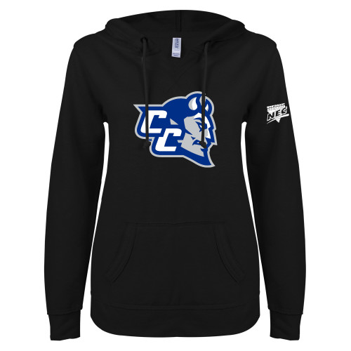 ENZA Womens Black V Notch Raw Edge Fleece Hoodie-Northeast Conference Central Connecticut CC Mascot Mark