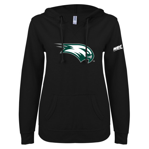 ENZA Womens Black V Notch Raw Edge Fleece Hoodie-Northeast Conference Wagner College Mascot Mark